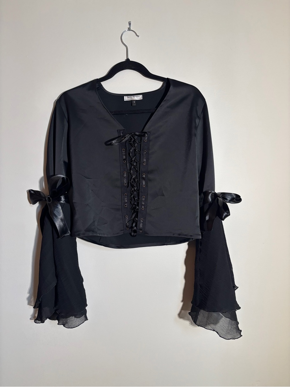 Saint-Honoré Paris black lace-up bell-sleeve top, size 1